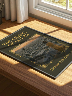 The Crying of Lot 49 Classic Book Art Print by Thomas Pynchon – print on a sunlit desk
