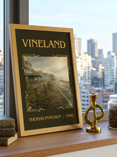 Vineland Classic Book Art Print by Thomas Pynchon – framed print on a city-view windowsill