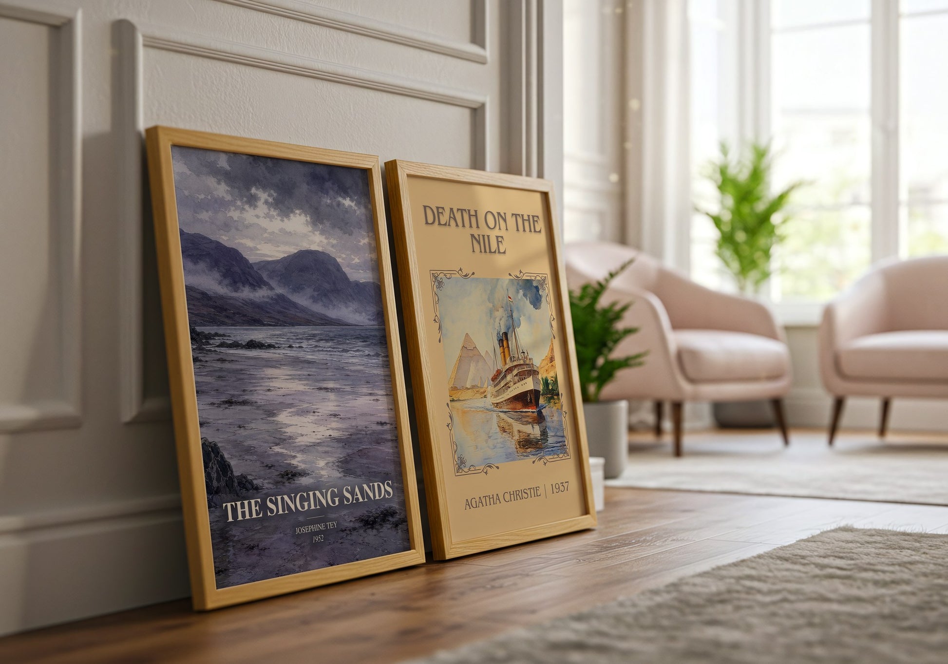 The Singing Sands watercolour print framed by window – literary home decor