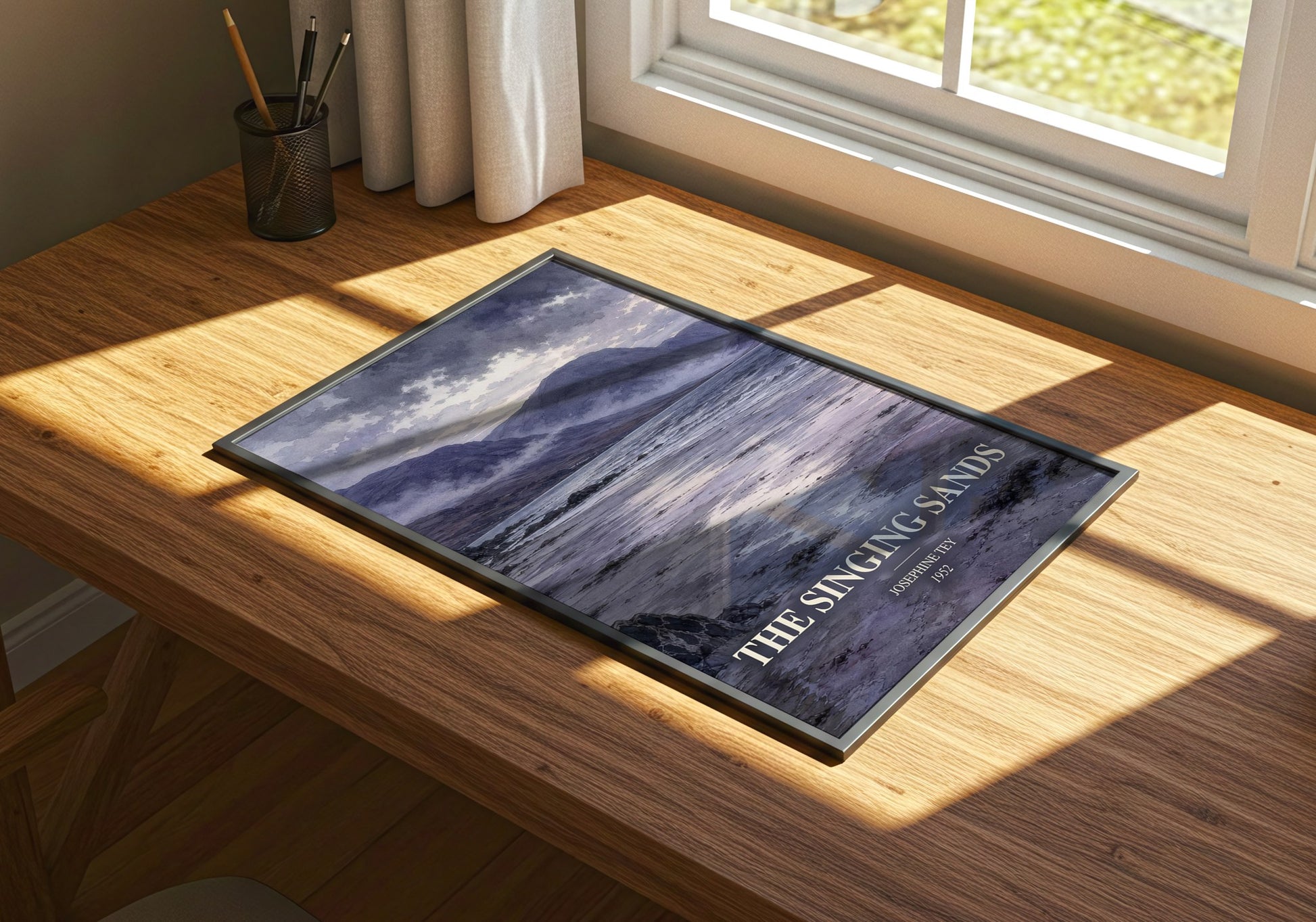 The Singing Sands watercolour book poster framed on wall – mystery wall art