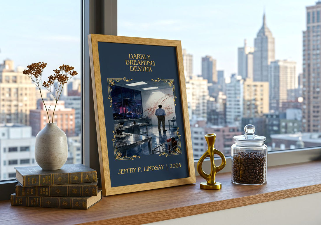 Darkly dreaming Dexter Classic Book Art Print by Jeffry P. Lindsay – framed print on a city-view windowsill