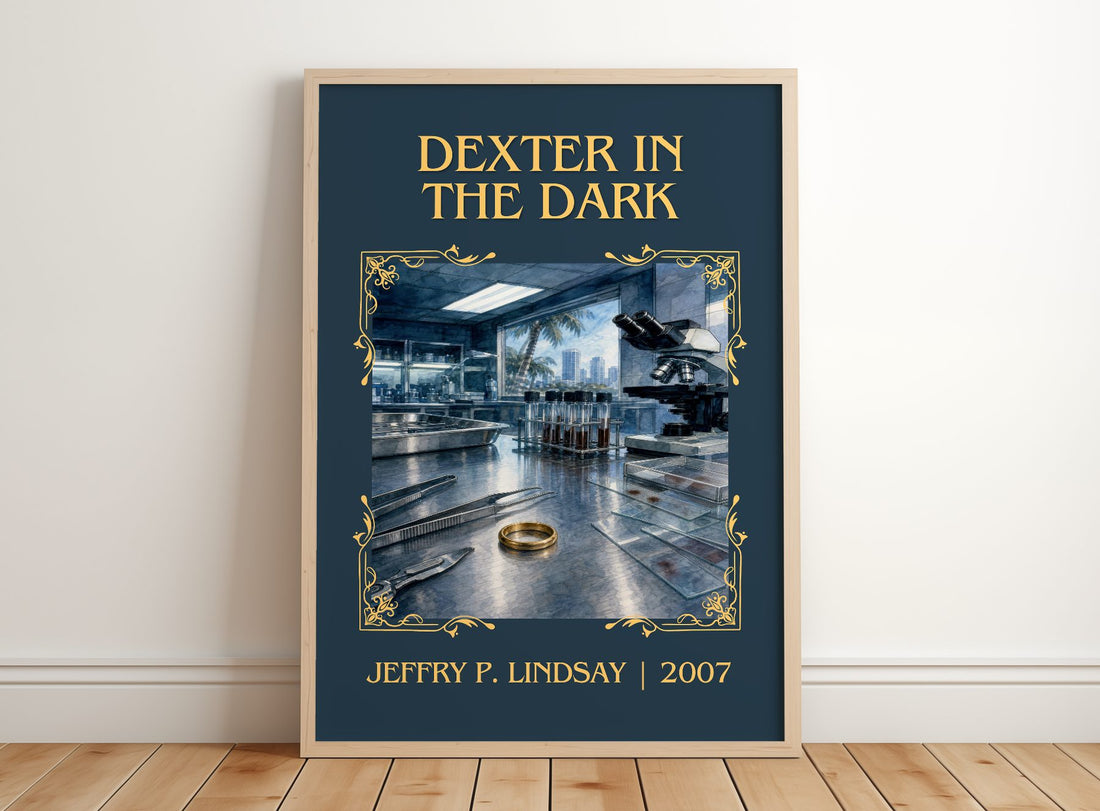 Dexter in the dark Classic Book Art Print by Jeffry P. Lindsay – framed print leaning on a wooden floor