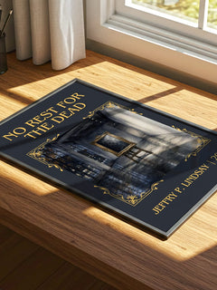No Rest for the Dead Classic Book Art Print by Jeffry P. Lindsay – print on a sunlit desk
