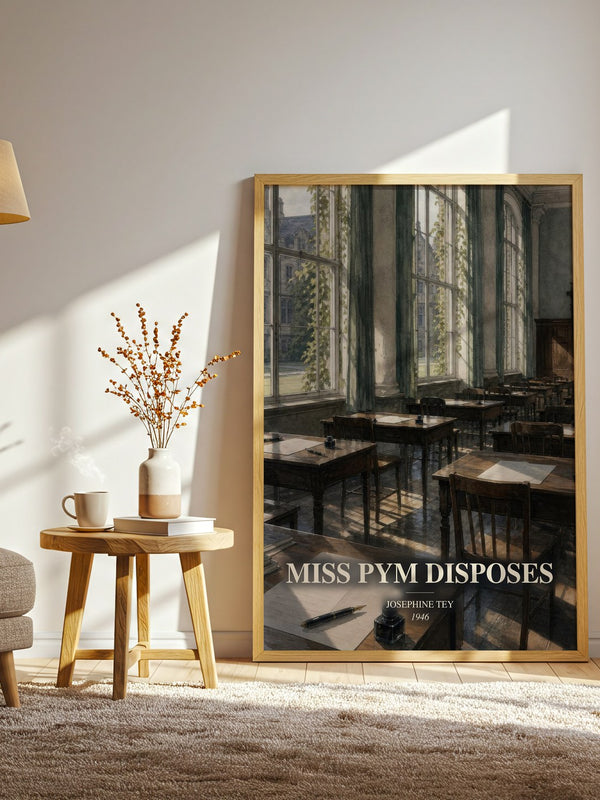 Miss Pym Disposes watercolour print in frame leaning in hallway – mystery wall art