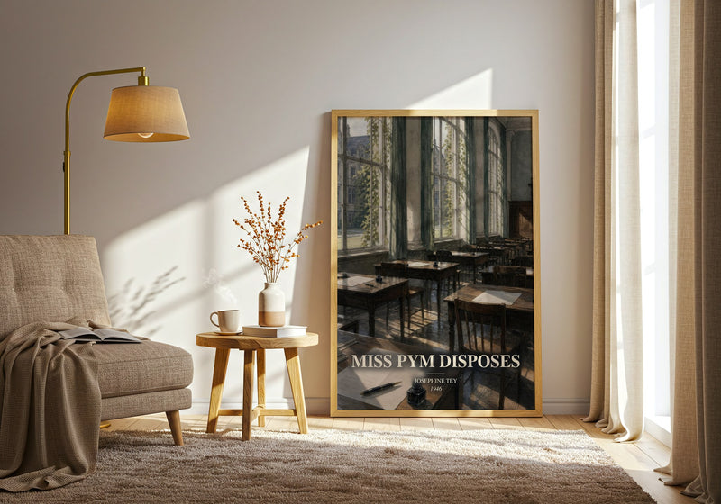 Miss Pym Disposes watercolour print in frame leaning in hallway – mystery wall art