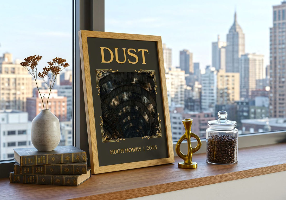 Dust Classic Book Art Print by Hugh Howey – framed print on a city-view windowsill