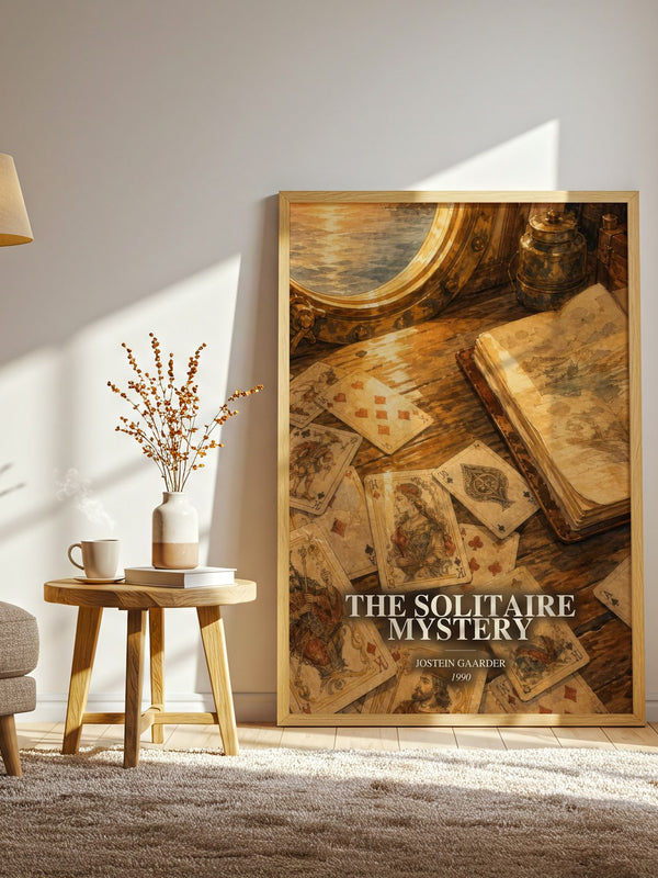 The Solitaire Mystery watercolour print in frame leaning in hallway – mystery wall art