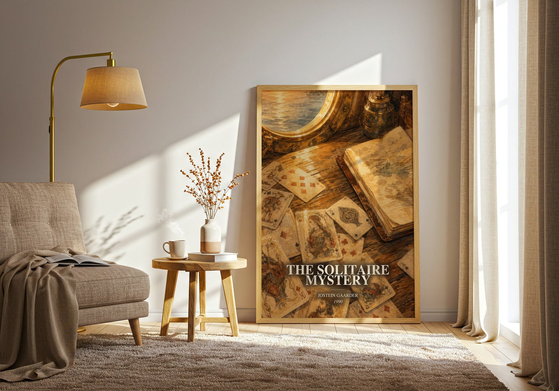 The Solitaire Mystery watercolour print in frame leaning in hallway – mystery wall art