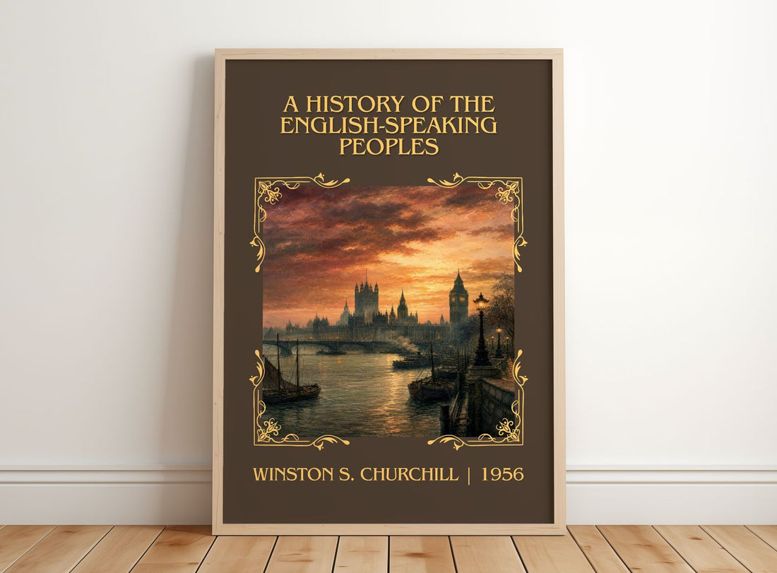 A History of the English-Speaking Peoples Classic Book Art Print by Winston S. Churchill – framed print leaning on a wooden floor