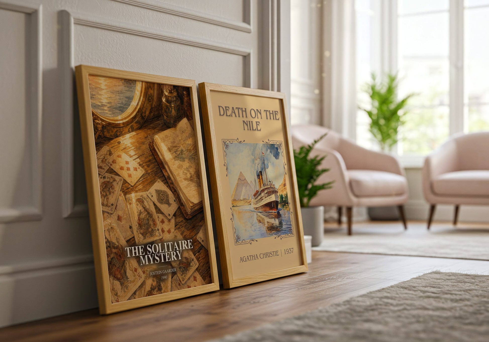 The Solitaire Mystery watercolour print framed by window – literary home decor
