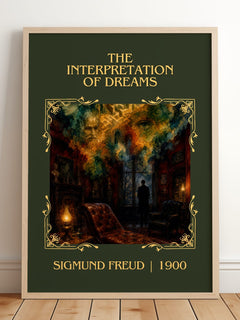 The Interpretation of Dreams Classic Book Art Print by Sigmund Freud – framed print leaning on a wooden floor