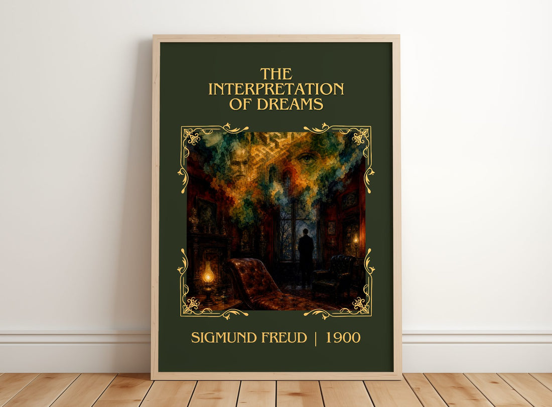The Interpretation of Dreams Classic Book Art Print by Sigmund Freud – framed print leaning on a wooden floor