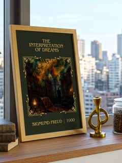 The Interpretation of Dreams Classic Book Art Print by Sigmund Freud – framed print on a city-view windowsill