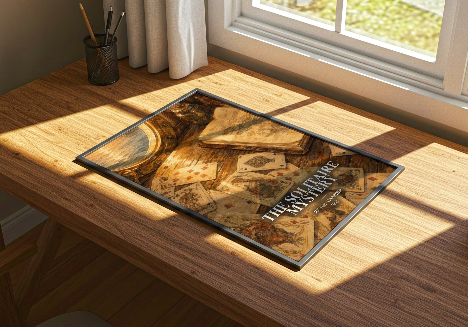The Solitaire Mystery watercolour book poster framed on wall – mystery wall art