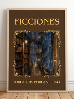 Ficciones Classic Book Art Print by Jorge Luis Borges – framed print leaning on a wooden floor