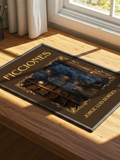 Ficciones Classic Book Art Print by Jorge Luis Borges – print on a sunlit desk