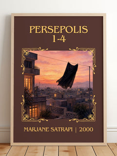 Persepolis 1-4 Classic Book Art Print by Marjane Satrapi – framed print leaning on a wooden floor