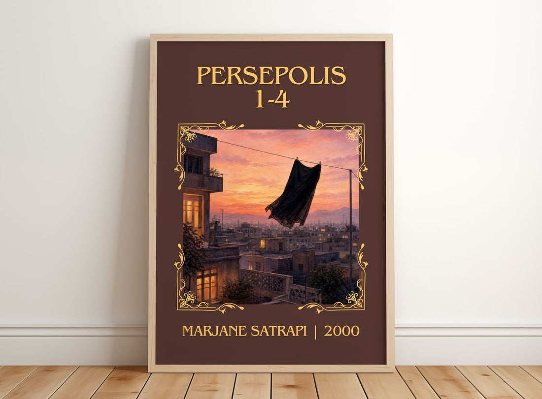 Persepolis 1-4 Classic Book Art Print by Marjane Satrapi – framed print leaning on a wooden floor