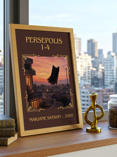 Persepolis 1-4 Classic Book Art Print by Marjane Satrapi – framed print on a city-view windowsill