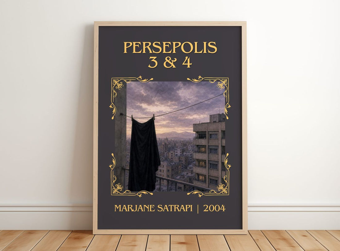 Persepolis 3 & 4 Classic Book Art Print by Marjane Satrapi – framed print leaning on a wooden floor