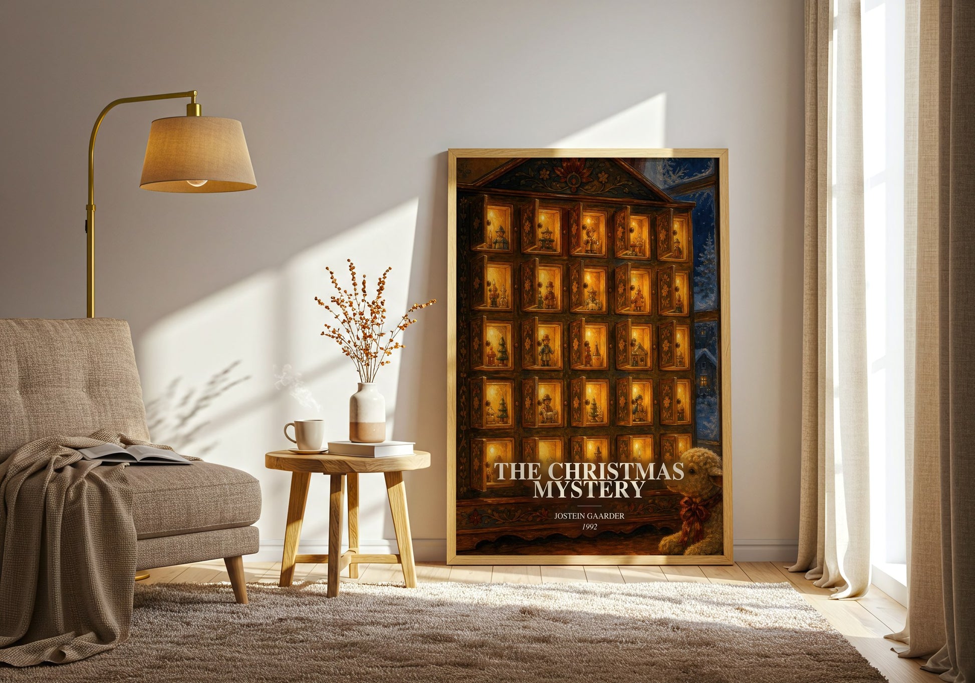 The Christmas Mystery watercolour print in frame leaning in hallway – childrens wall art