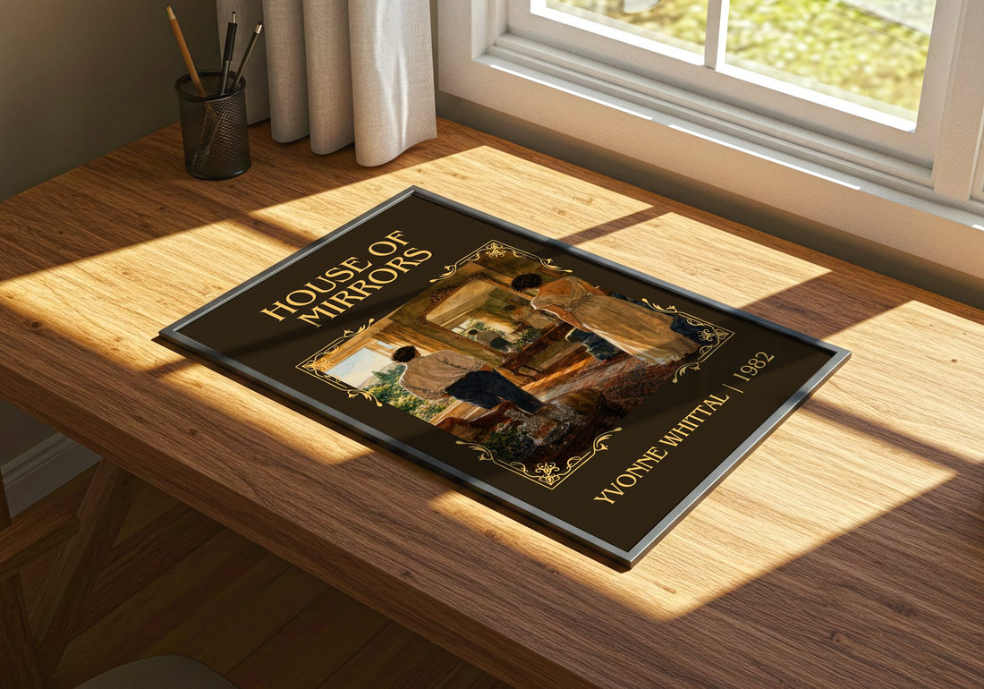House of Mirrors Classic Book Art Print by Yvonne Whittal – print on a sunlit desk