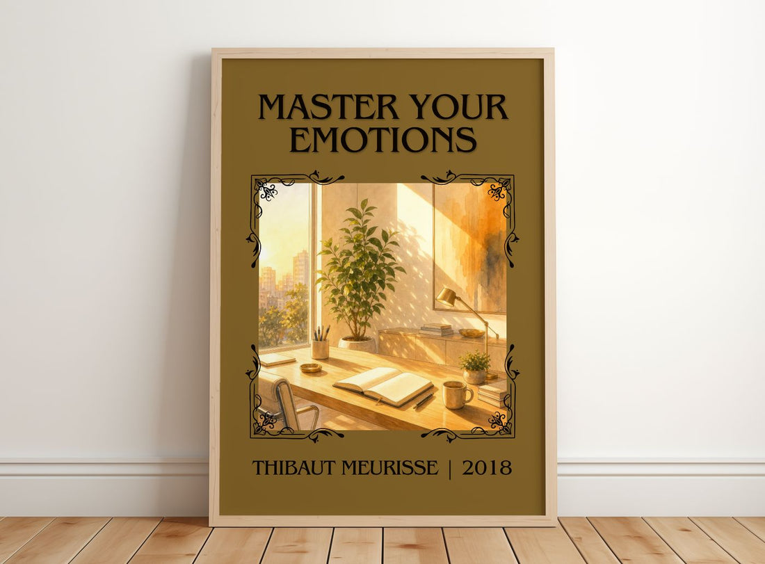 Master Your Emotions Classic Book Art Print by Thibaut Meurisse – framed print leaning on a wooden floor
