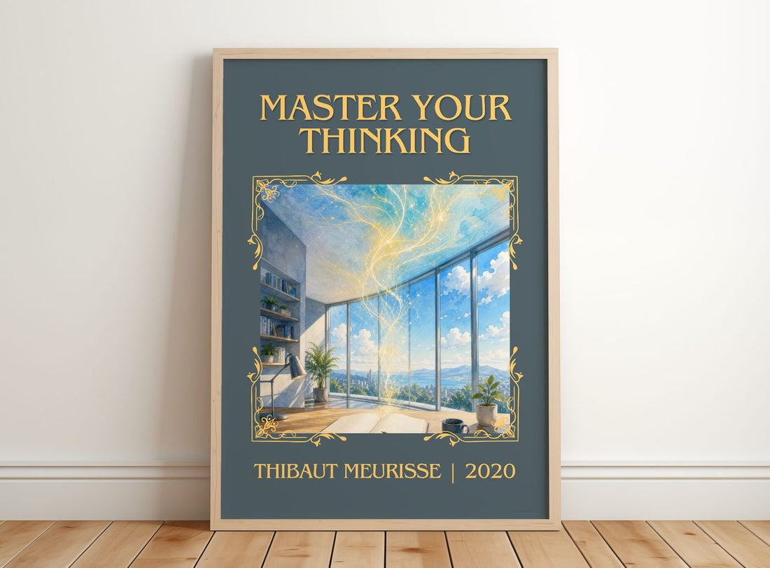 Master Your Thinking Classic Book Art Print by Thibaut Meurisse – framed print leaning on a wooden floor