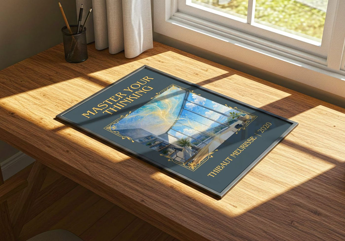 Master Your Thinking Classic Book Art Print by Thibaut Meurisse – print on a sunlit desk
