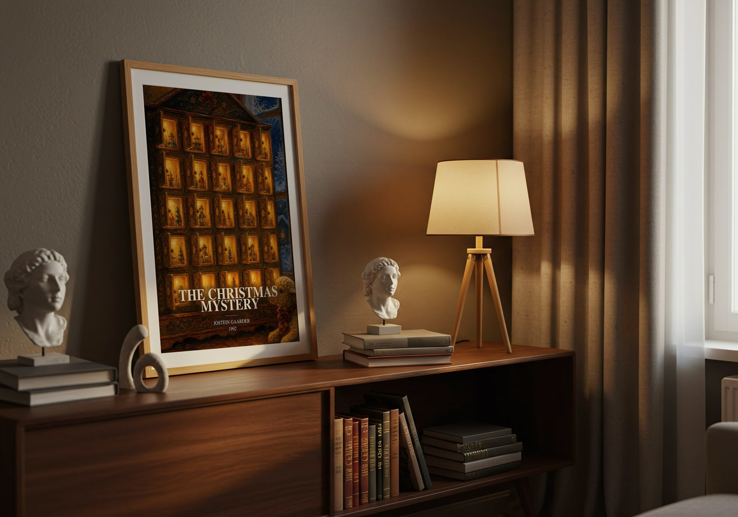 The Christmas Mystery watercolour print on bookshelf – Jostein Gaarder fan gift