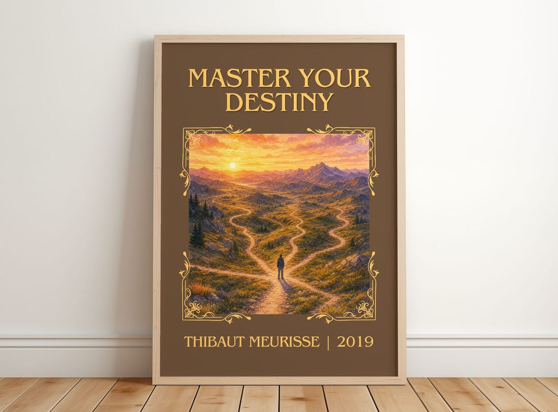 Master Your Destiny Classic Book Art Print by Thibaut Meurisse – framed print leaning on a wooden floor
