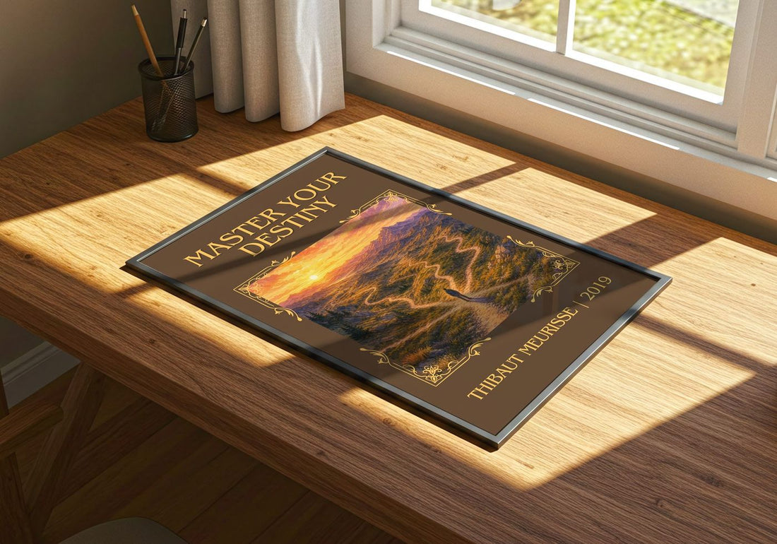 Master Your Destiny Classic Book Art Print by Thibaut Meurisse – print on a sunlit desk