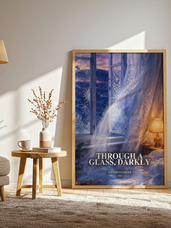 Through A Glass, Darkly watercolour print in frame leaning in hallway – childrens wall art