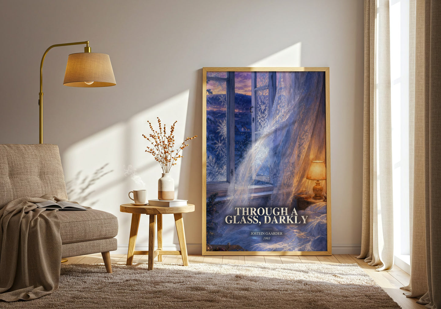 Through A Glass, Darkly watercolour print in frame leaning in hallway – childrens wall art