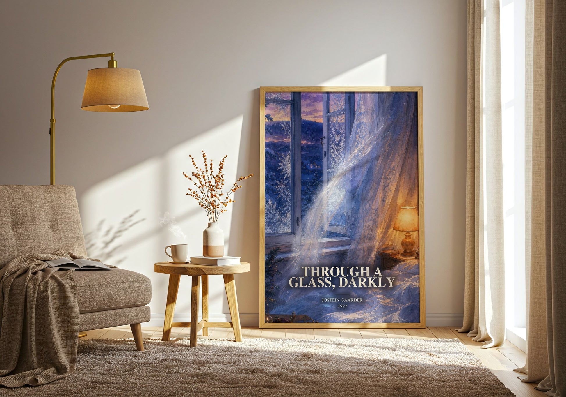 Through A Glass, Darkly watercolour print in frame leaning in hallway – childrens wall art