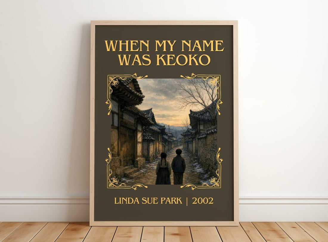 When my name was Keoko Classic Book Art Print by Linda Sue Park – framed print leaning on a wooden floor