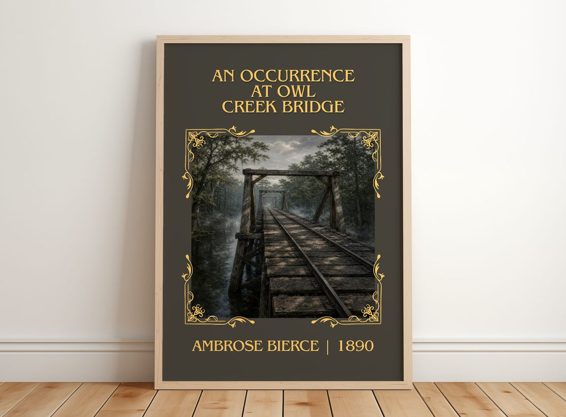 Occurrence at Owl Creek Bridge Classic Book Art Print by A. Bierce – framed print leaning on a wooden floor