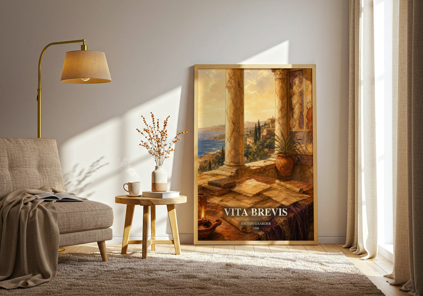 Vita Brevis watercolour print in frame leaning in hallway – literary fiction wall art