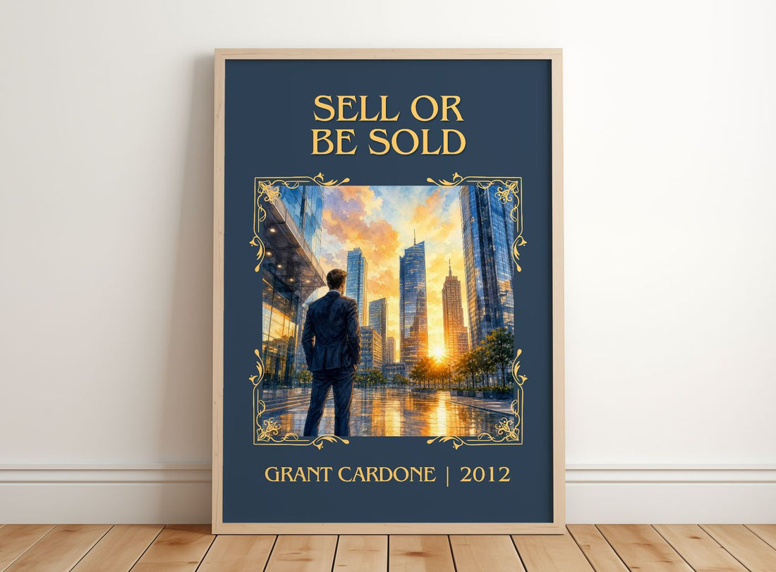 Sell or Be Sold Classic Book Art Print by Grant Cardone – framed print leaning on a wooden floor