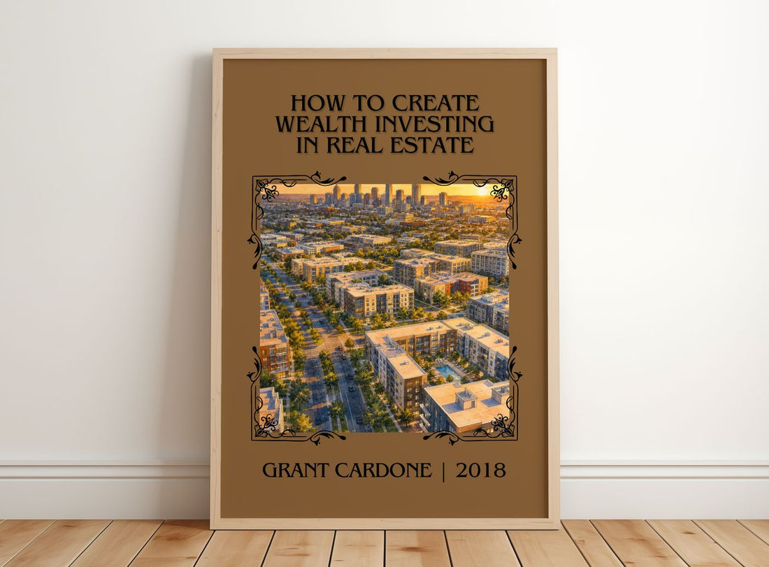 How to Create Wealth Investing in Real Estate Classic Book Art Print by Grant Cardone – framed print leaning on a wooden floor