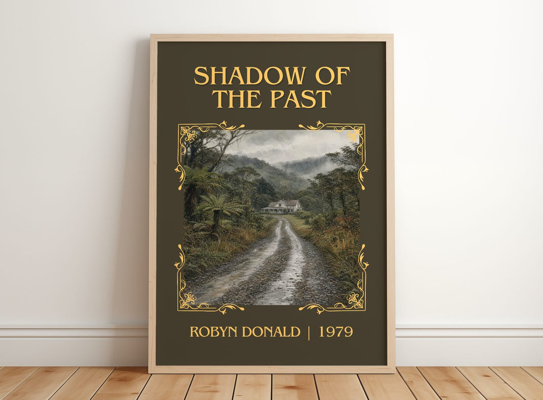 Shadow of the Past Classic Book Art Print by Robyn Donald – framed print leaning on a wooden floor