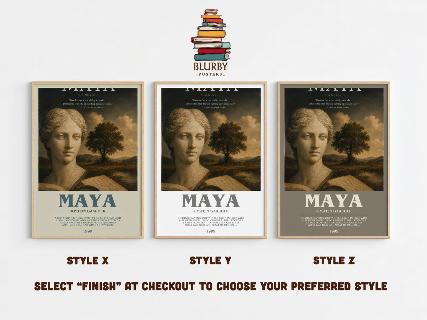 Maya bookish print in frame leaning in hallway – contemporary fiction wall art
