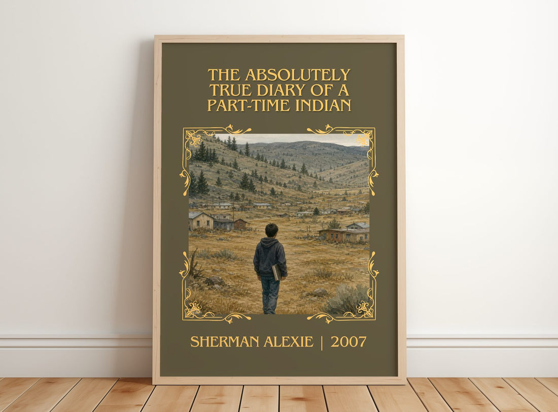 The Absolutely True Diary of a Part-Time Indian Classic Book Art Print by Sherman Alexie – framed print leaning on a wooden floor