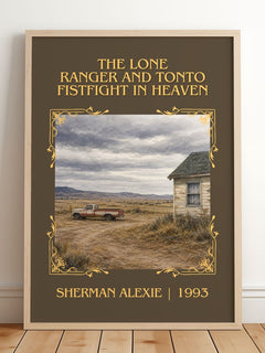 The Lone Ranger and Tonto fistfight in heaven Classic Book Art Print by Sherman Alexie – framed print leaning on a wooden floor