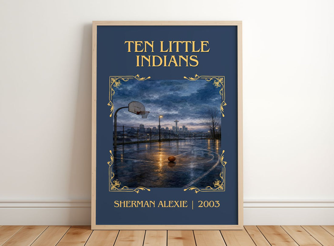 Ten Little Indians Classic Book Art Print by Sherman Alexie – framed print leaning on a wooden floor