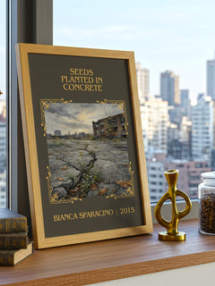 Seeds Planted in Concrete Classic Book Art Print by Bianca Sparacino – framed print on a city-view windowsill
