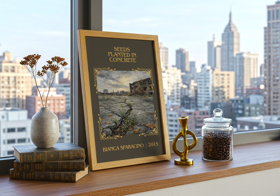 Seeds Planted in Concrete Classic Book Art Print by Bianca Sparacino – framed print on a city-view windowsill