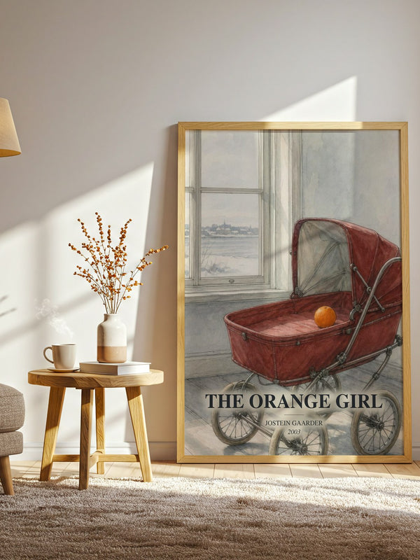 The Orange Girl watercolour print in frame leaning in hallway – contemporary fiction wall art