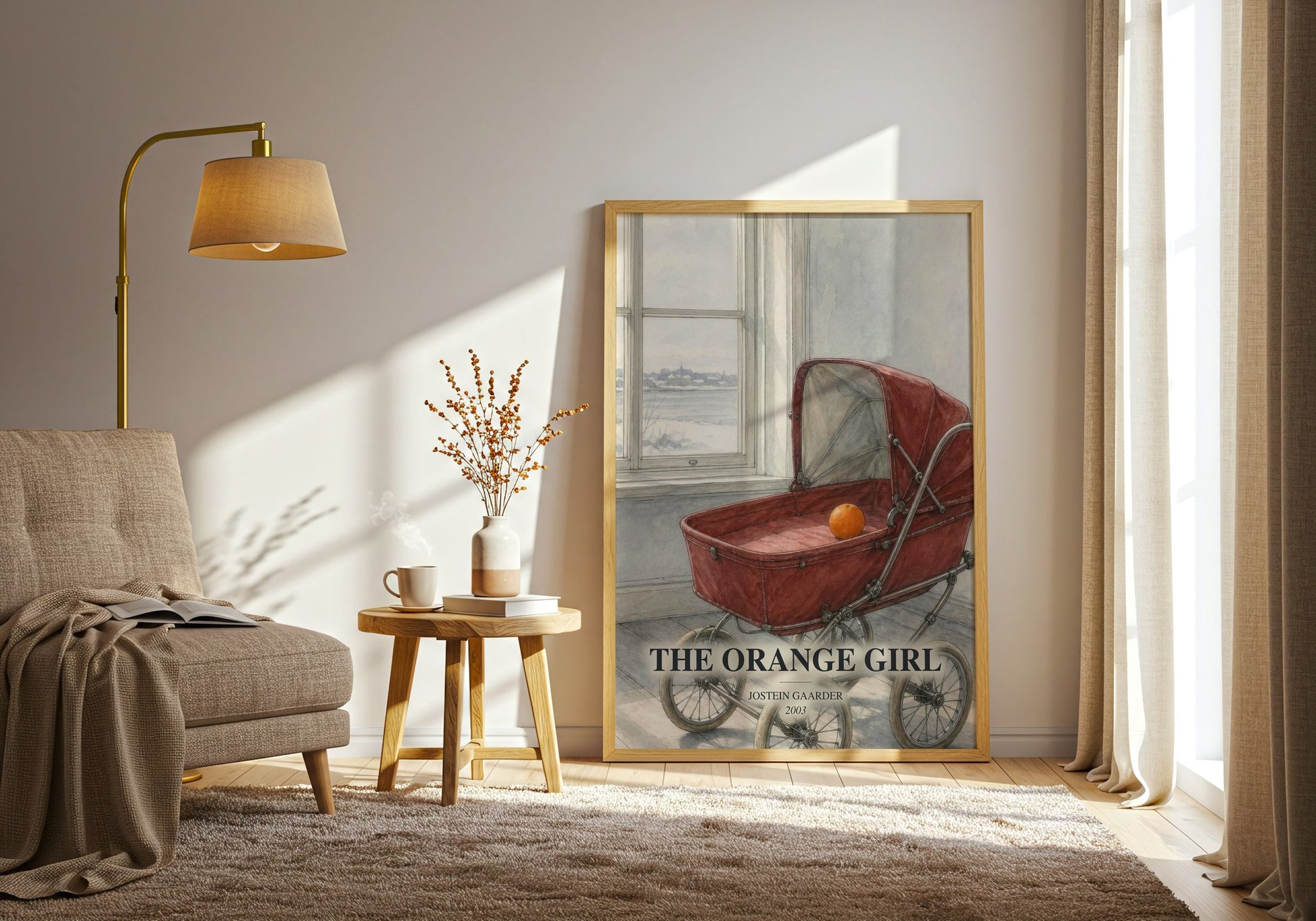 The Orange Girl watercolour print in frame leaning in hallway – contemporary fiction wall art