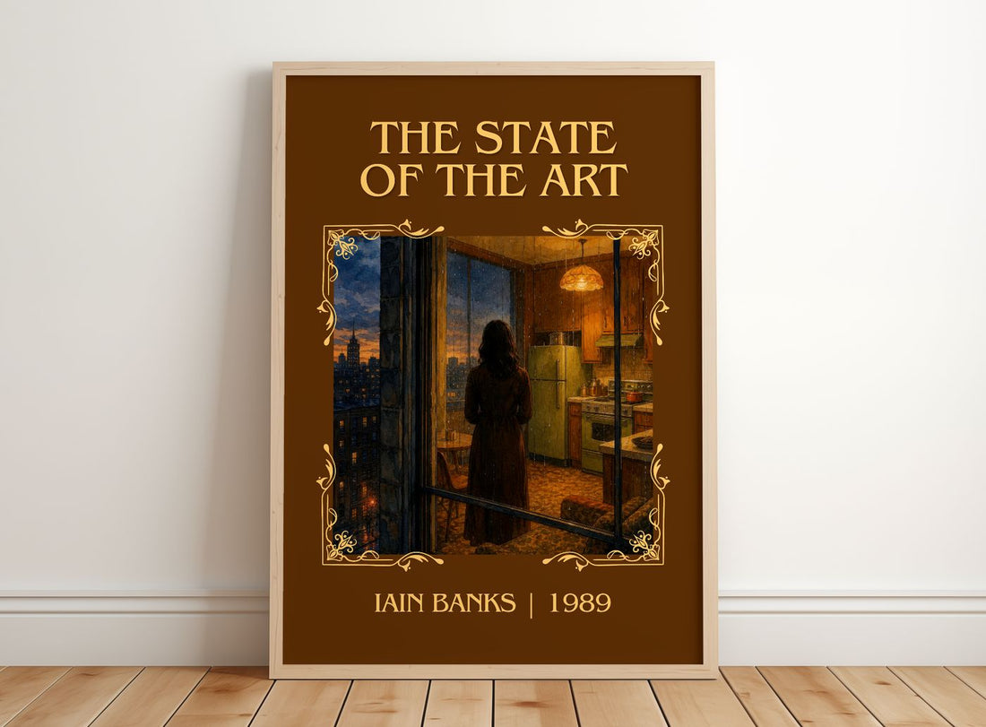 The State of the Art Classic Book Art Print by Iain Banks – framed print leaning on a wooden floor